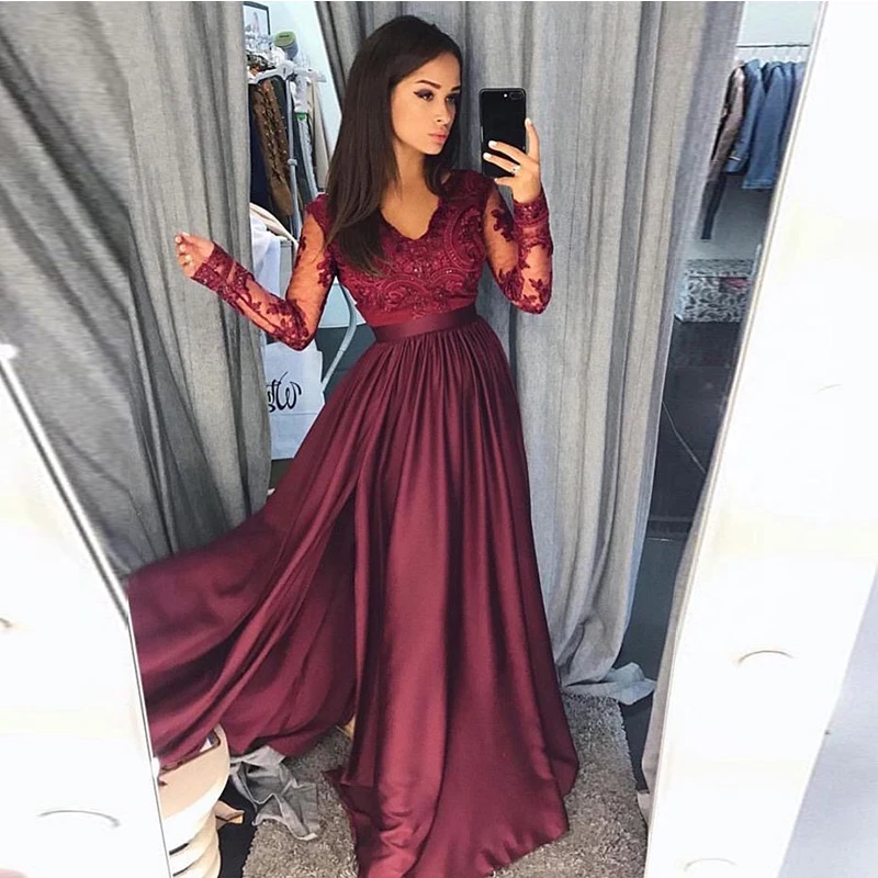 Long Burgundy Evening Dress With Long Sleeves V-neck Appliques Women Formal Evening Party Gowns Front Split Satin Robe De Soiree Long Burgundy Evening Dress With Long Sleeves V-neck Appliques Women Formal Evening Party Gowns Front Split Satin Robe De Soiree
