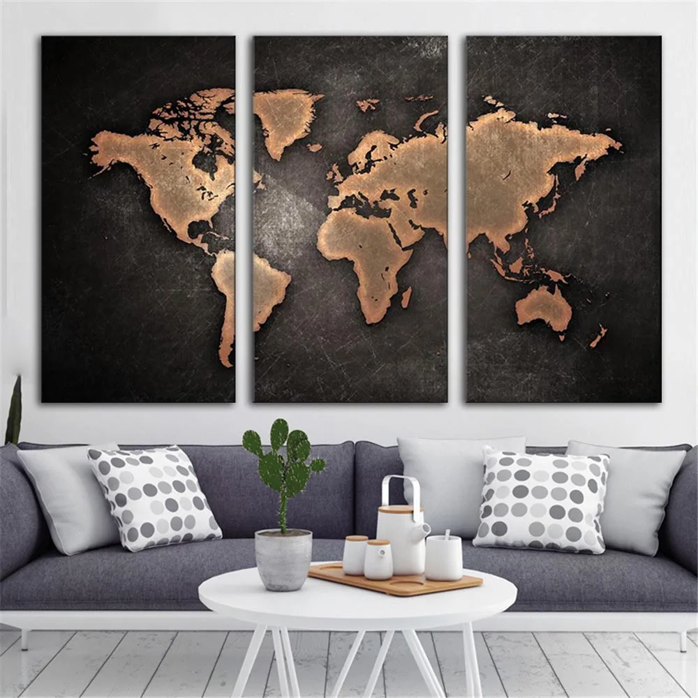 

3 Pcs/Set Black World Map Paintings Print On Canvas HD Abstract World Map Canvas Painting for Living Room Wall Decor Map Picture