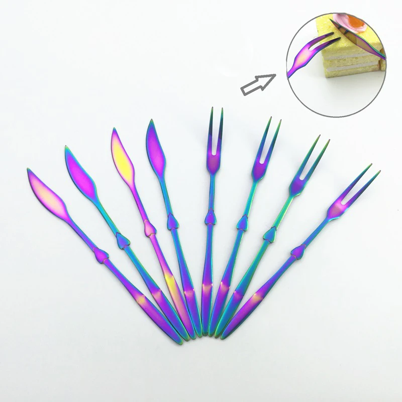

Stainless Steel Heart Cake Dinnerware Set Multicolor Knife Dessert Fruit Forks Christmas Cake Tableware Marmalade Scoop 8pcs/set
