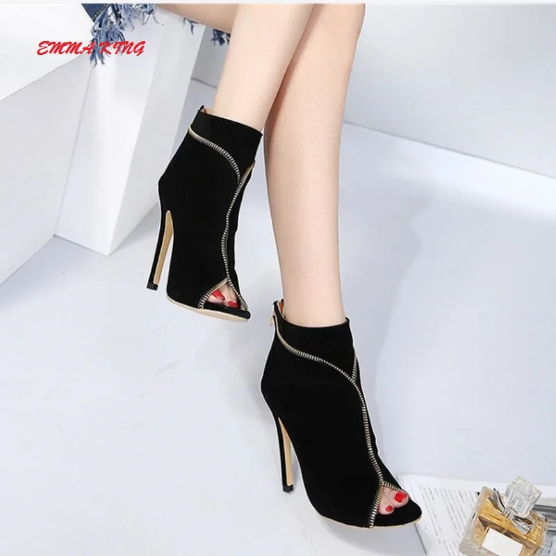 

Emma King New Women Sandals Boots Summer High Heels Woman Shoes Zipper Suede Open Toe Sexy Solid Black Ladies Gladiator Pumps 43