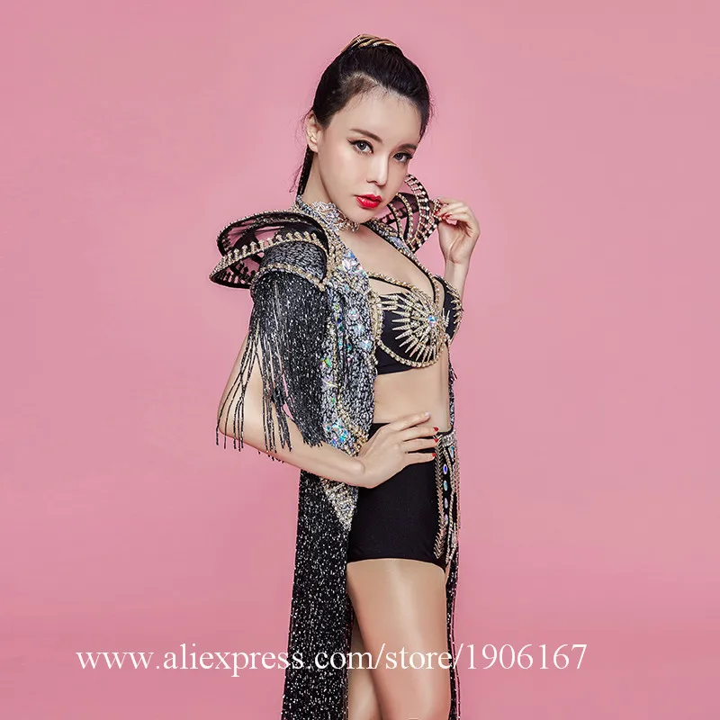 Bar nightclub night singer DJ sexy mysterious black long tassel stage costumes6