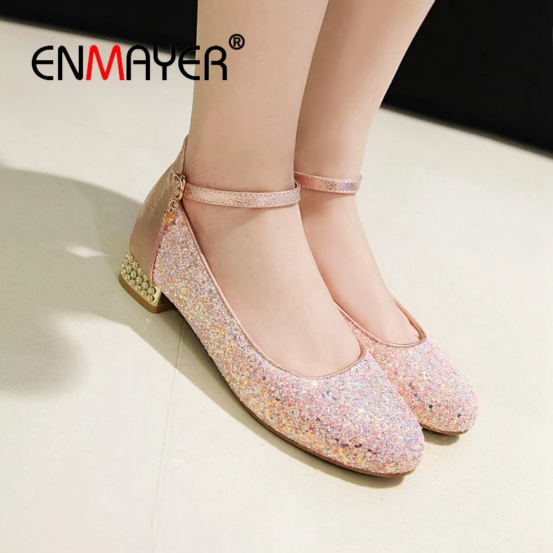 

ENMAYER 2019 Women Mary Janes Low Heel Square Heel Women Bling Solid 3 Colors Round Toe Women Shoes Size 34-45 LY1761
