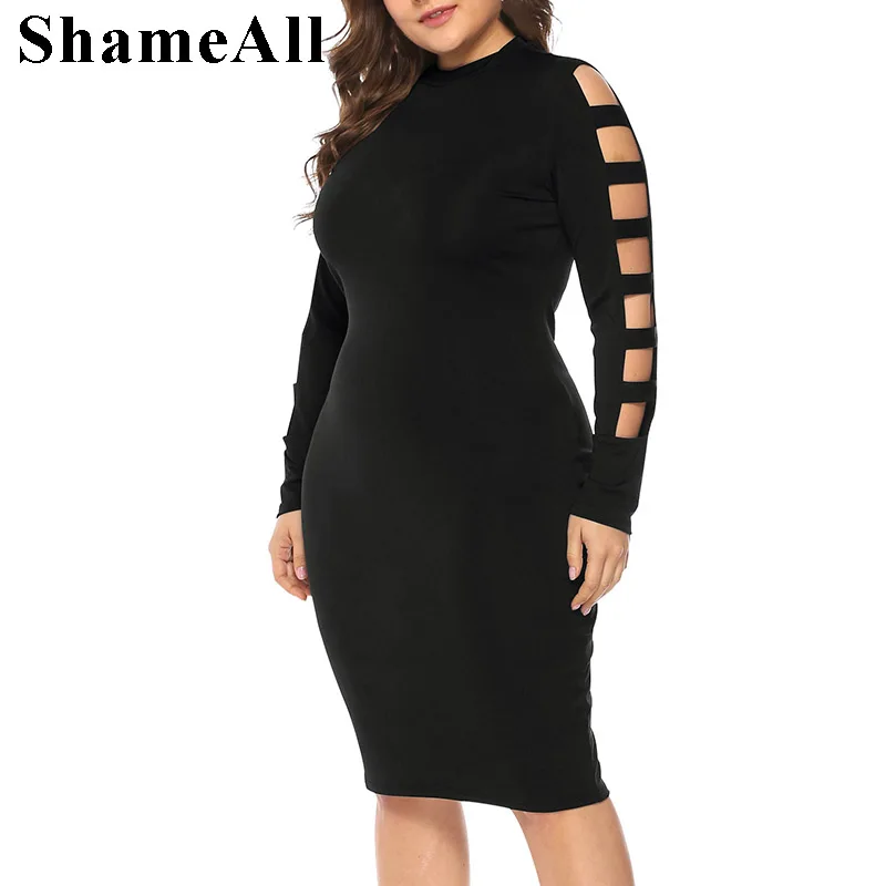 

Plus Size Hollow Out Long Sleeve Sexy Party Dress 3XL 4XL Spring Black Bodycon Knee Length Dresses Modern Lady Workwear Women