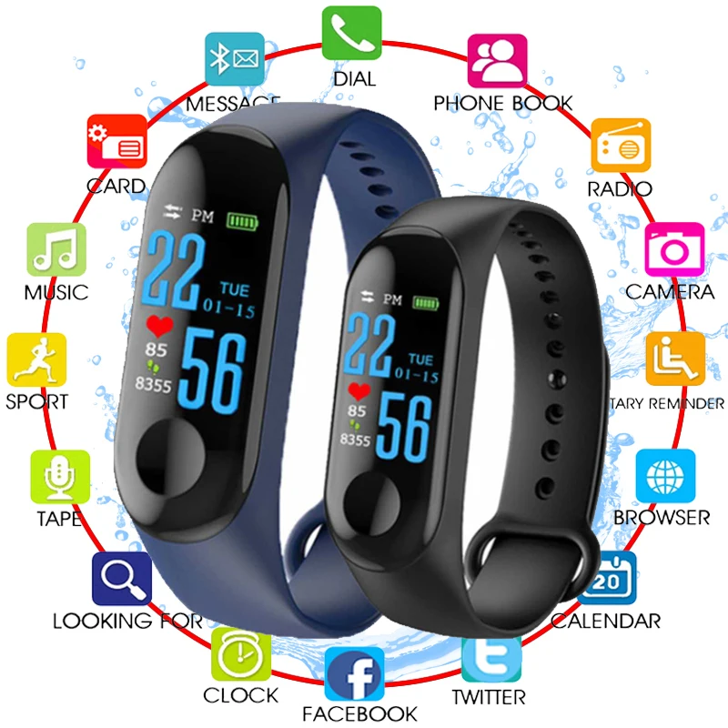 

M3 Waterproof Smart Wristband Touch Color Screen Health Test Heart Rate/Blood Pressure Measurement Motion Tracking Pedometer mi