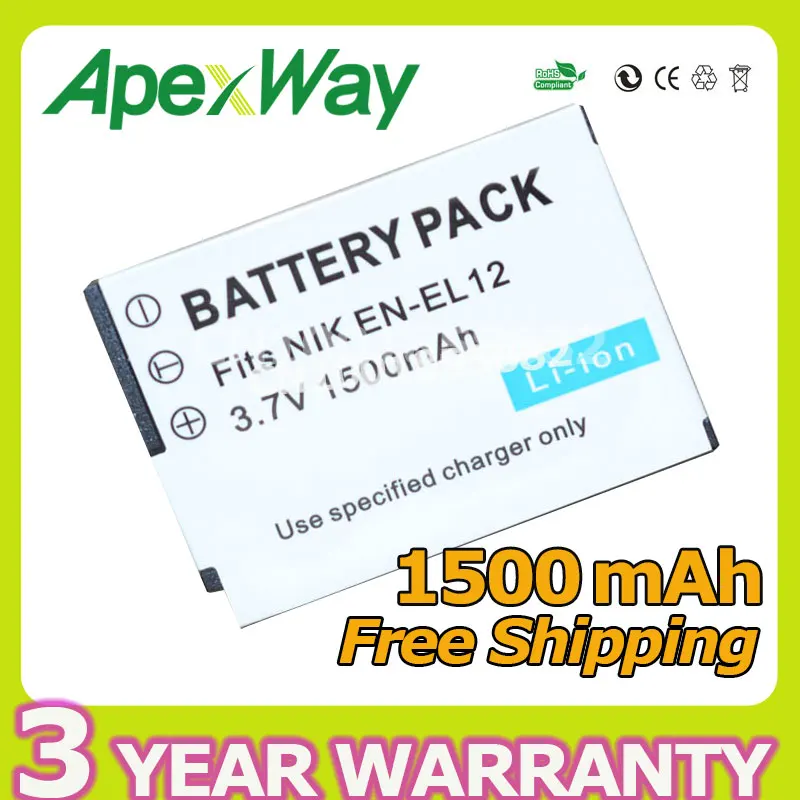 

Apexway 1500mAh ENEL12 EN-EL12 Rechargeable Battery For Nikon Coolpix S610 S610c S620 S630 S710 S1000pj S70 S640 Digital Camera