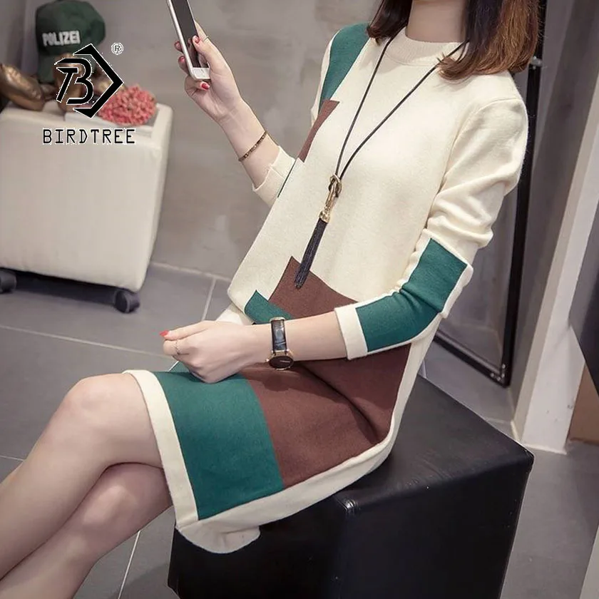 

2019 Autumn New Women's Pullovers Sweater Dress Long Thick Knitting Full Sleeve O-neck Spliced Casual Fashion Tops D97706D