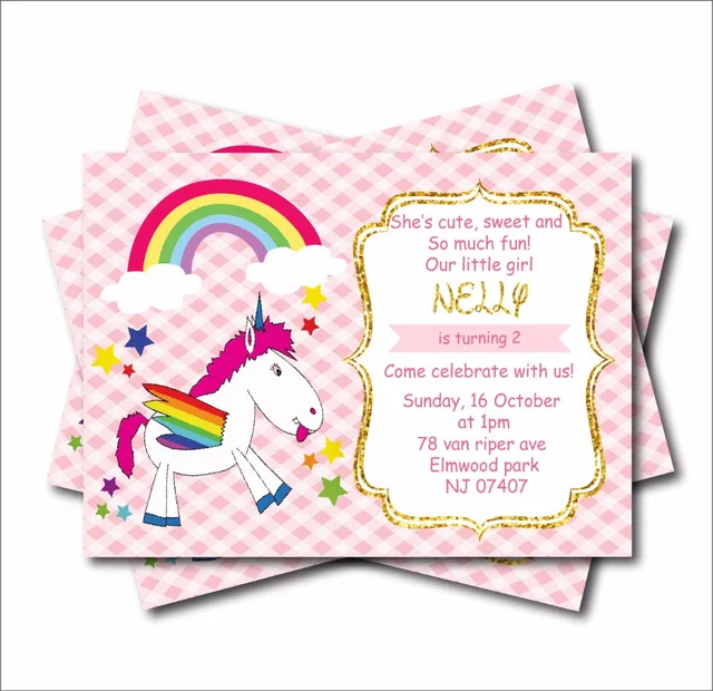 14 unids/lote personalizado unicornio cumpleaños invitaciones niñas