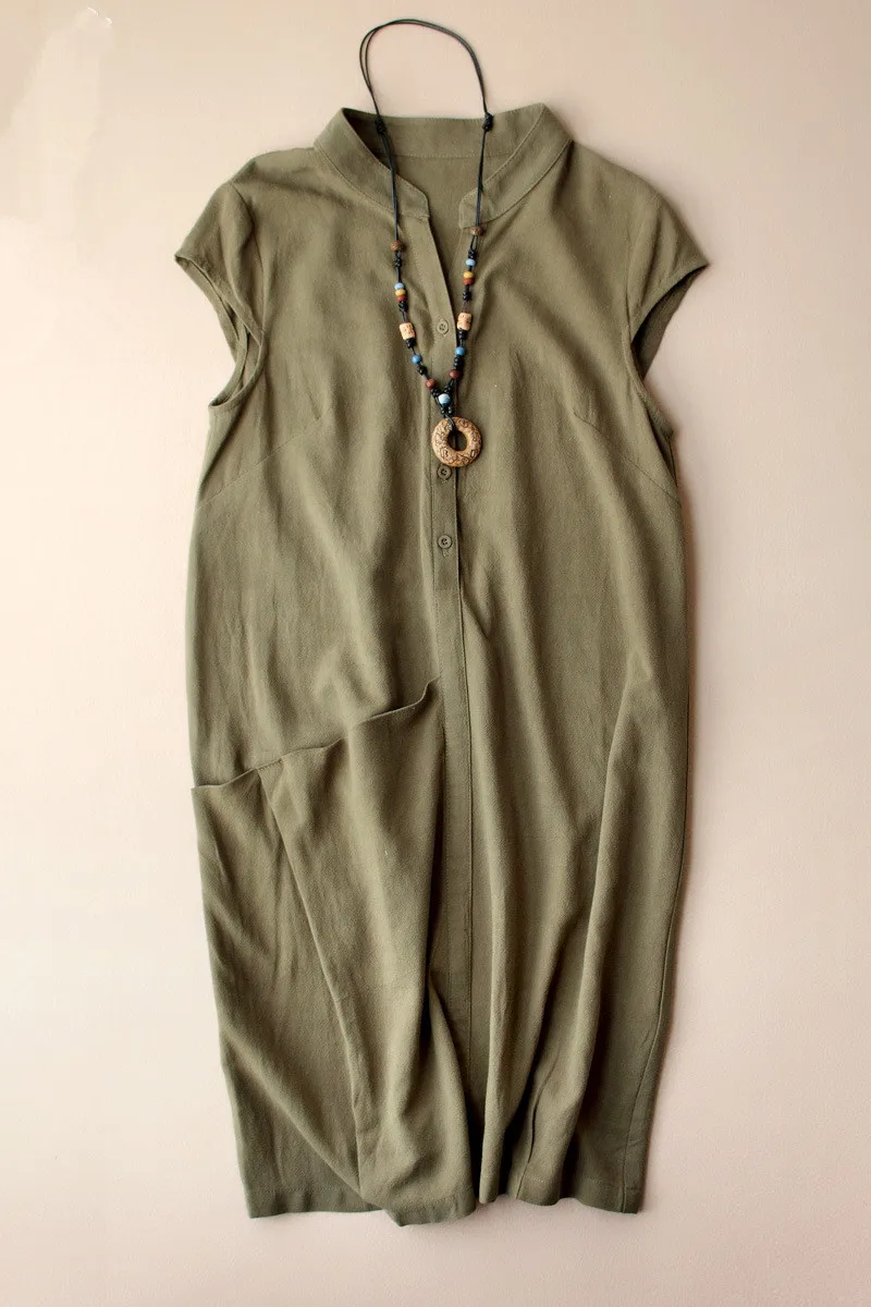 

Fashion Temperament Original Cheongsam 2018 Spring Summer New Large Size Women'S Cotton Linen Solid Color Dress