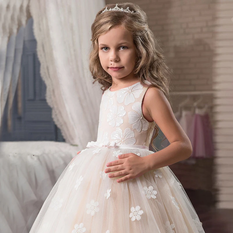 Bear leader/платье для девочек; кружевное свадебное платье без рукавов с вышитыми цветами; бальное платье с высокой талией; праздничное платье принцессы; Детские платья