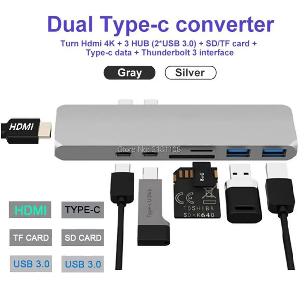 

7 IN 1 USB 3.0 Hub for MacBook Pro Dual Type C 4K Video HDMI/SD TF Multiport USB Card Reader Adapter Charging Port