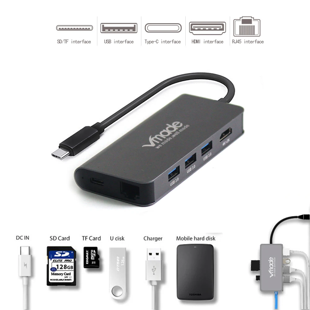 Vmade mini type C Кабель USB 3,0 концентратор с TF SD ридером Thunderbolt 3 адаптер для samsung Apple Macbook huawei mate 10 Pro