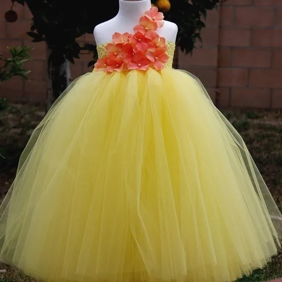 Длинное платье-пачка с желтыми цветами для маленьких девочек; Детские пышные фатиновые пачки ручной работы с повязкой на голову; недорогие праздничные платья для детей