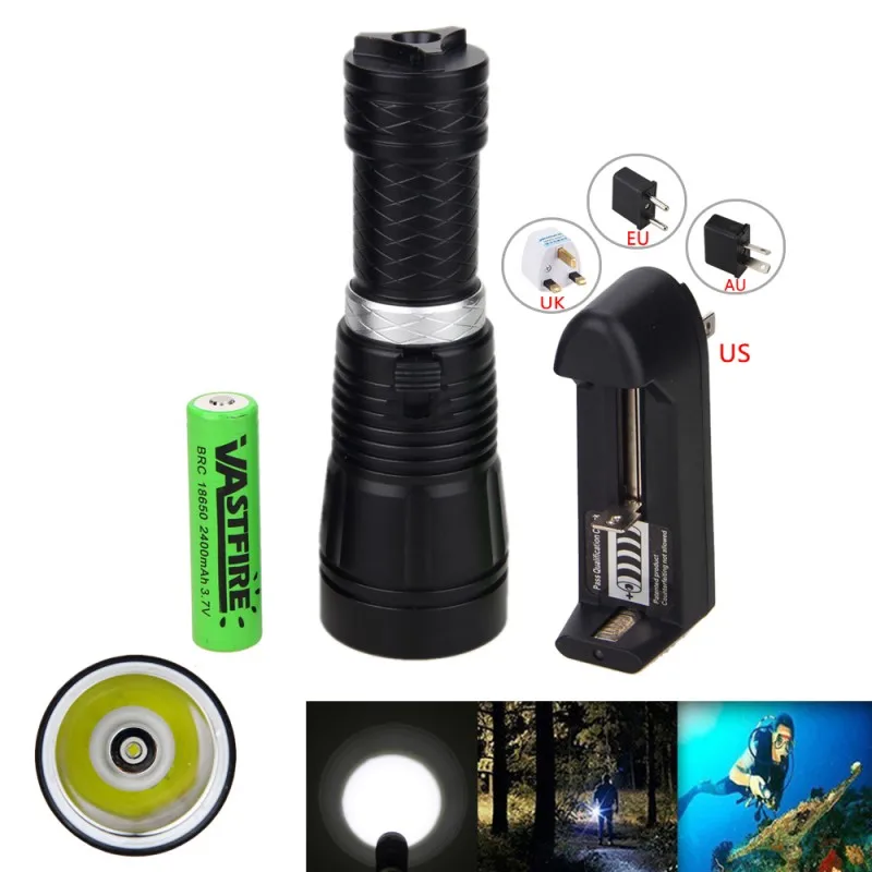 

Underwater 100M Diving Flashlight 18650 Light XM-L T6 LED Torch Waterproof Scuba Lanterna with 1pcs 18650 Battery+Charger