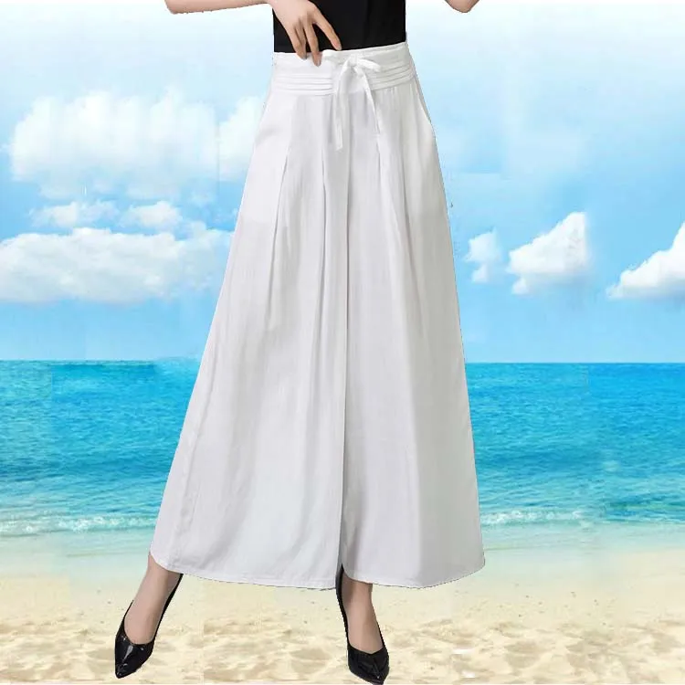 

Woman Summer Plus Size Solid High Elastic Waist Ankle-length Pants Wide Leg Pants Female Thin Loose Flax Wide Leg Trousers