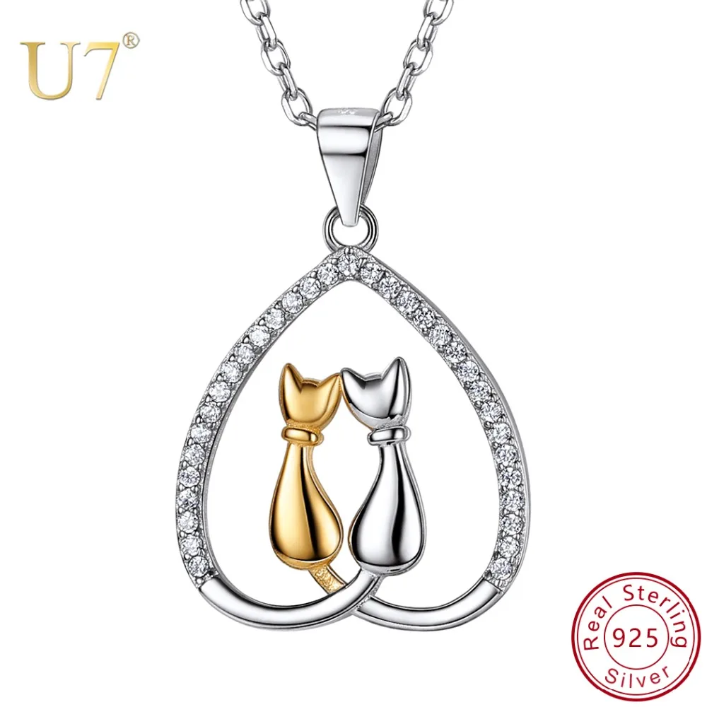 U7 925 Sterling Silver Cute Two Cats In Heart Pendant Necklaces CZ