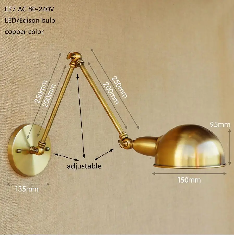 Лофт длинный поворотный рычаг промышленный латунный отрегулирующий настенный светильник бра E27 Настенные светильники для спальни подсветка на стену в ванную крыльцо освещение - Цвет абажура: copper color