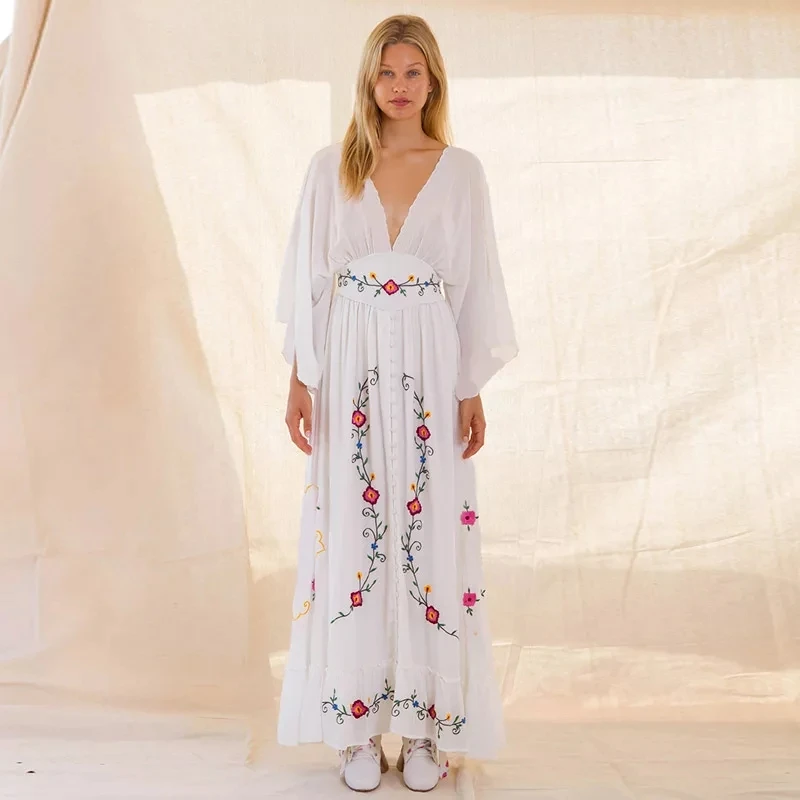 High Quality White Vintage Embroidery Bohemian Maxi Dress Summer Women's Sexy V-Neck Elegant Party Holiday Long Dresses Vestidos