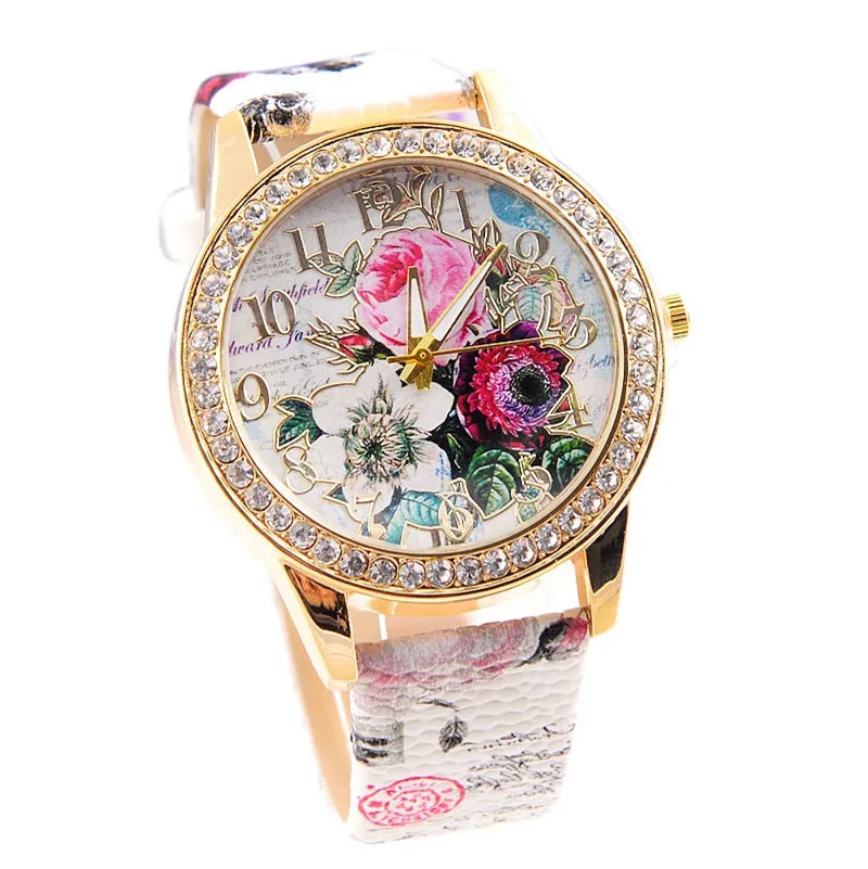 

Women Quartz Watch Flower Mission Fashion Colored Diamond PU Leather Wrist Watches for women relogio feminino erkek kol saati