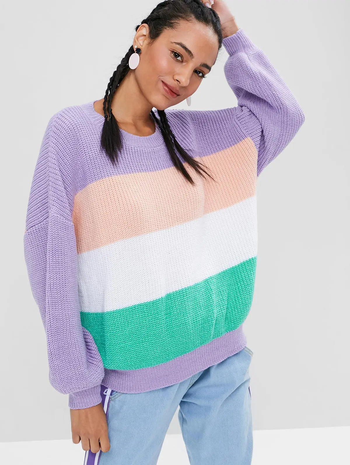 Buy ZAFUL Women Pullover Crew Neck Rainbow Sweater