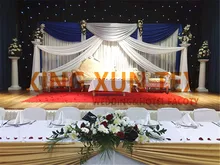 White Backdrop Curtain Stage Background With Royal Blue And Silver Drape Swag For Wedding Decoration