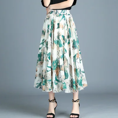 Makuluya New Mori Literary Classic All-Match Soft Women Chiffon Flower Pattern Lithe Elastic Waist Pleated Skirt Beach A-Line L6