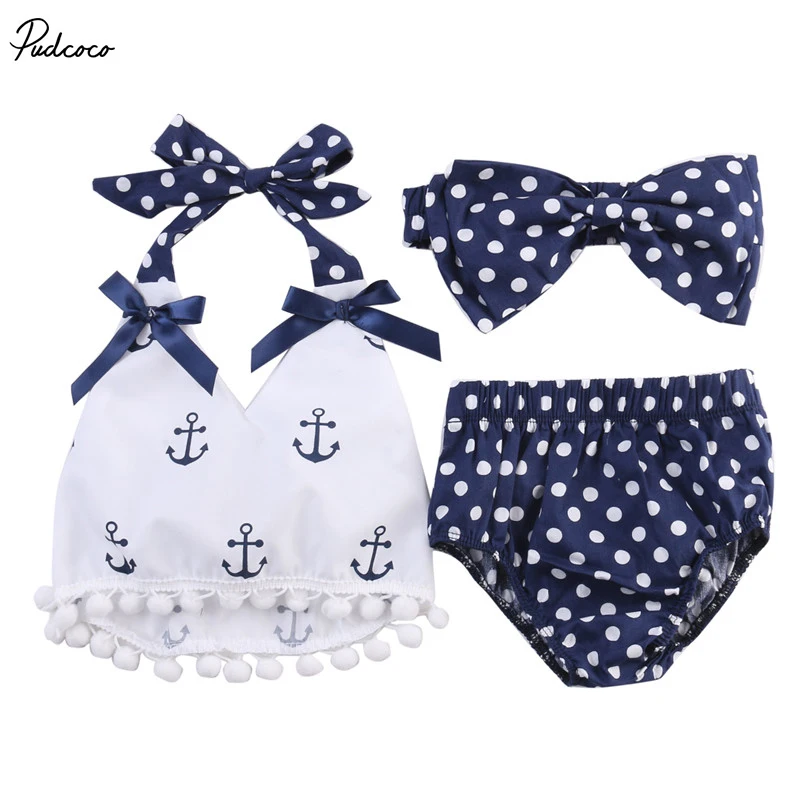 

Baby Girls summer 3pcs Clothes Set Baby girl Anchor bow Tassel halter Tops+Navy Polka Dot Briefs+headband Outfits