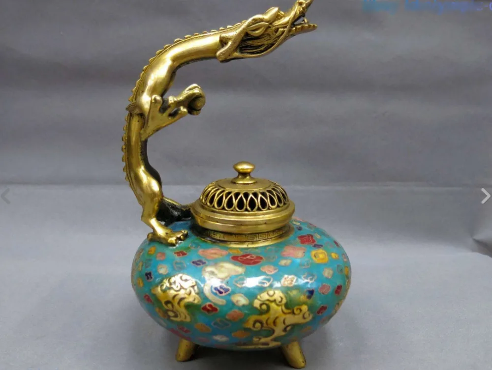 

671115576+++9" China bronze gild Cloisonne censer fine blue fly dragon incense burner Statue