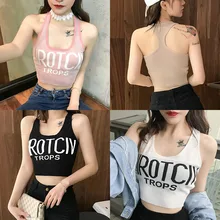 Женский Универсальный без рукавов с открытыми плечами принт с буквами сексуальный Холтер короткий подвешивающий шеи тонкий трубчатый жилет