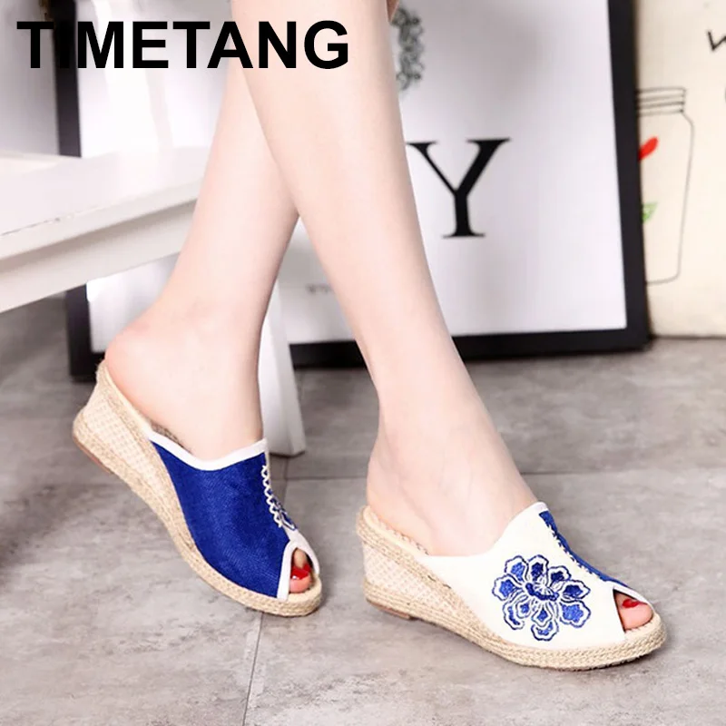 

TIMETANG Handmade Women Open Peep Toe Linen Embroidered Wedge Slippers Summer Ladies Vintage Hemp Knitted Outside SilpperE336