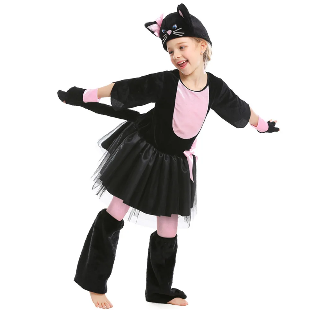 Детский костюм для костюмированной вечеринки для девочек с милым черным котом и розовым бантом; костюм на Хэллоуин, Рождество; детский день; Детские костюмы с животными