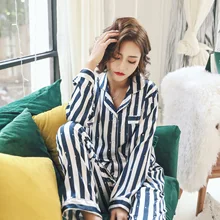 Для женщин весна полосатый хлопок пижамный комплект дамы с длинным рукавом Вырез горловины на пуговицах розовый домашняя одежда