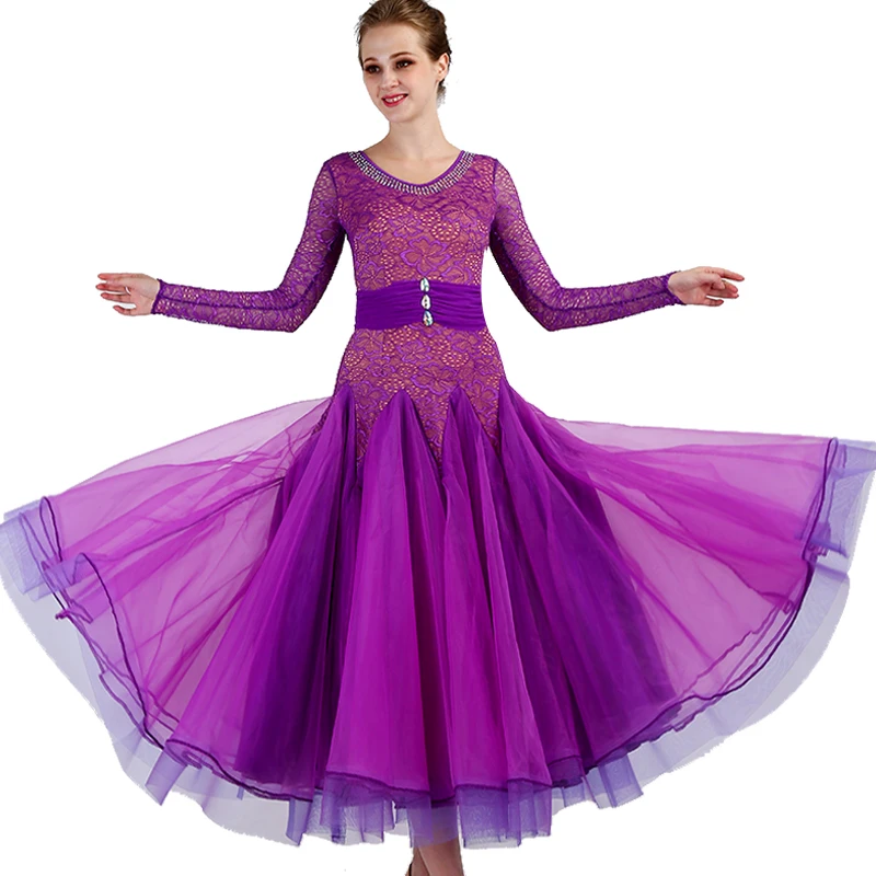 Purple Ballroom Dance Dresses Women Lace Standard Waltz Dancing Costume Adult Ballroom