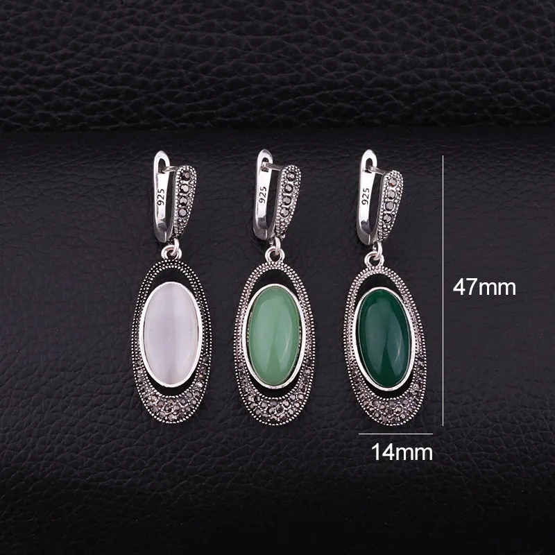 Sellsets Vintage Silver Color Oval Long Earring Pave Black Rhinestone And Resin Opal Dangle Drop Earrings Women Jewelry Gifts