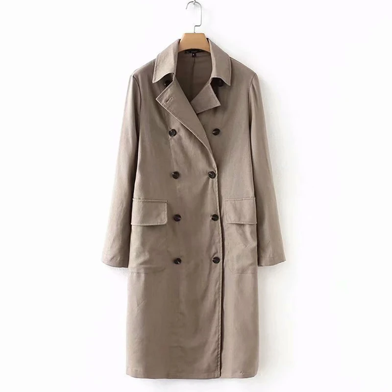 Linen Double Breasted Long Women's Trench Solid Pocket Turn Down Collar Long Sleeve Womens Coats 2018 Autumn Summer Tops Female