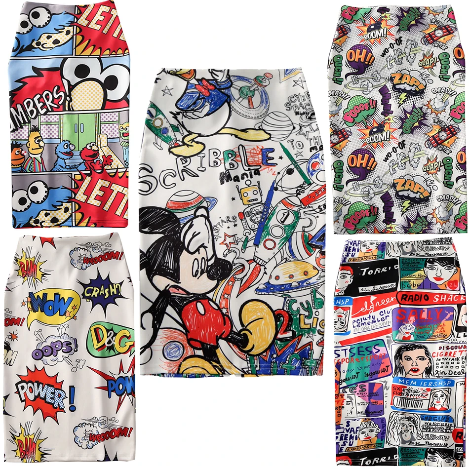 

Magiray Cartoon Print Harajuku Elegant Pencil Skirt Women Bodycon High Waist Korean 2019 Summer Knee Length Skirt Female Sexy