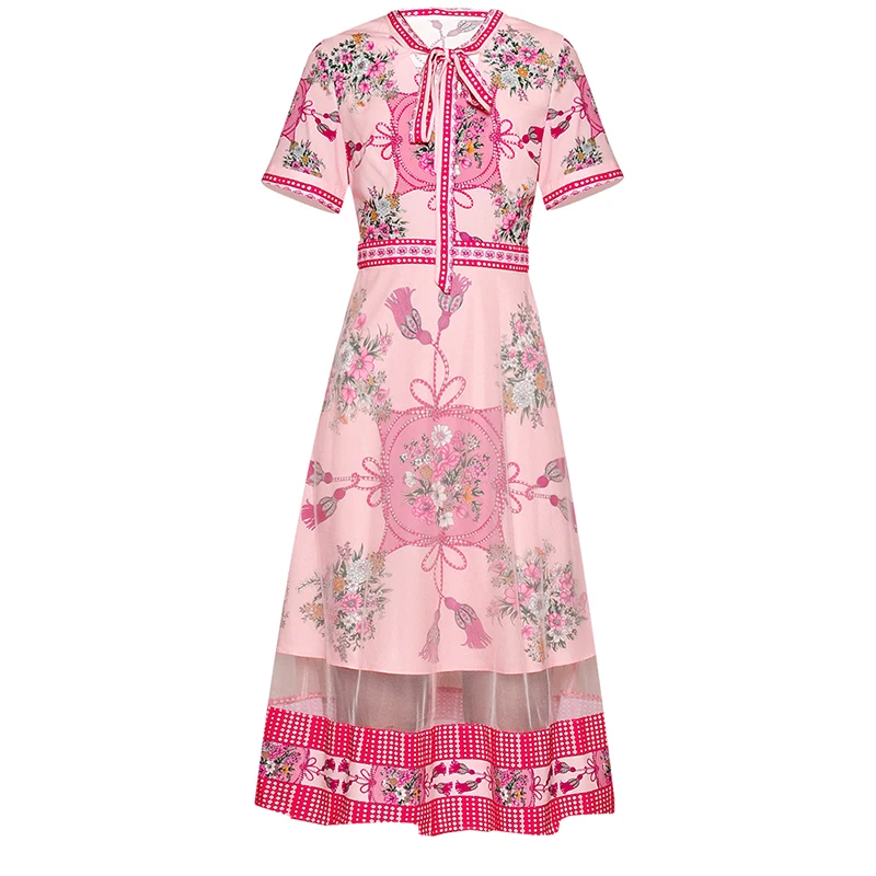 

HIGH QUALITY Newest 2019 Summer Runway Dress Women's Short Sleeve Bow Collar Retro Floral Print Mid-calf Dress