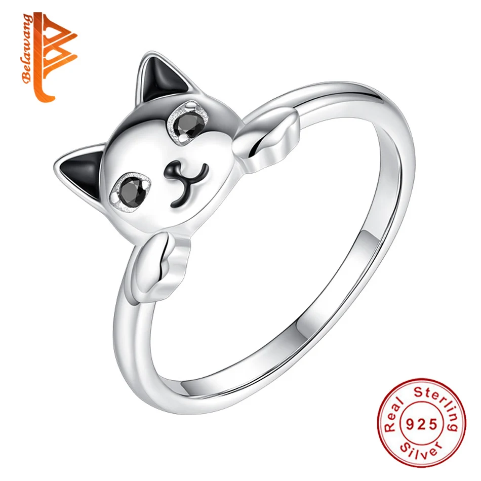 

wholesale price 100% 925 Sterling Silver Lovely Cat with Black Eye Crystal Finger Ring Women Ring Engagement Ring Jewelry