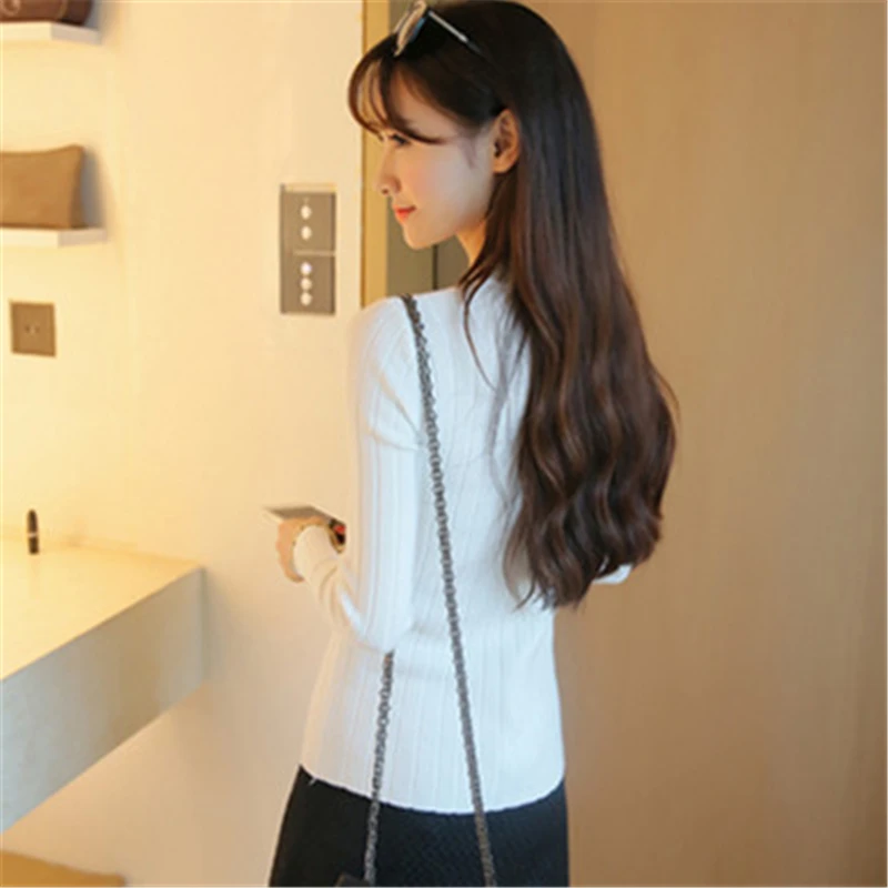 Вязанные женские свитера и пуловеры, корейский женский однотонный сексуальный свитер с длинным рукавом и высоким воротом, вязаный женский тонкий Топ