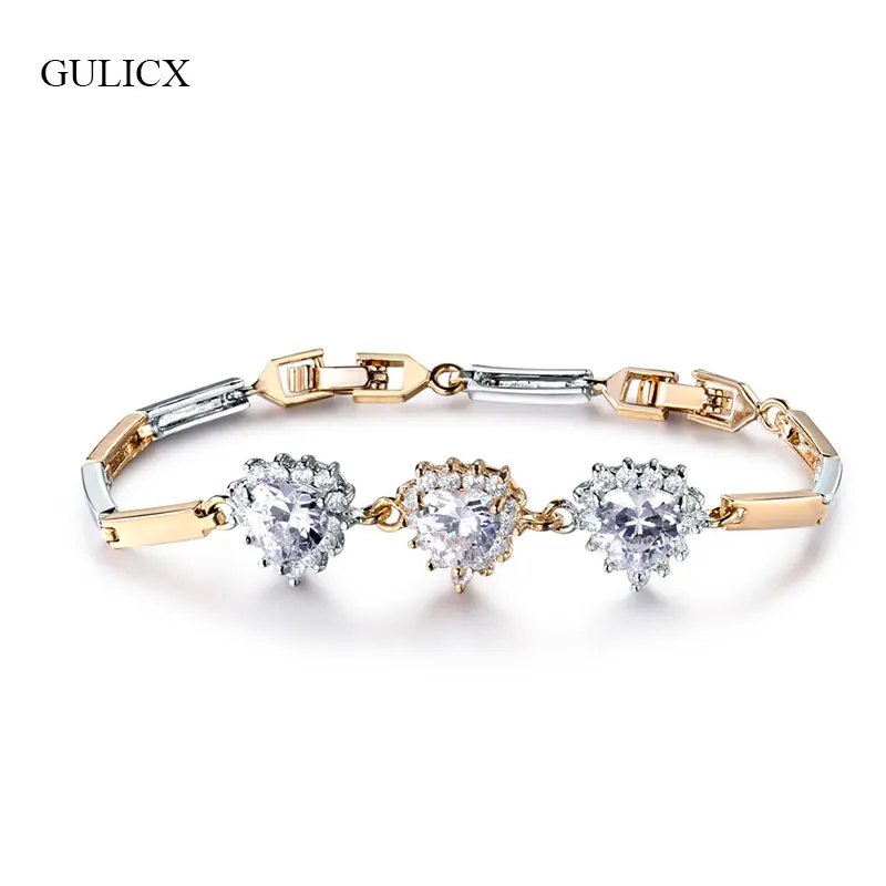 

GULICX Simple Design Shinny Bracelets For Women Silver Gold Color CZ Three Heart Shaped Crystal Bracelets Female Jewelry GLL159