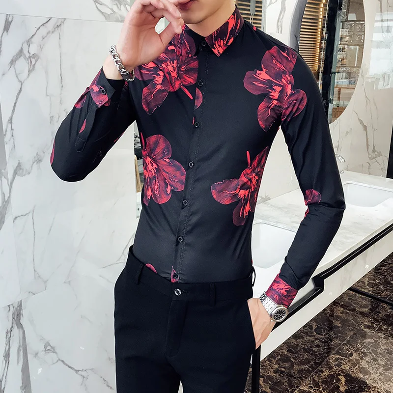 black Camisa, мужская рубашка с длинным рукавом и цветочным принтом, городская одежда для мужчин, Клубные, вечерние, свадебные рубашки для мужчин - Цвет: black