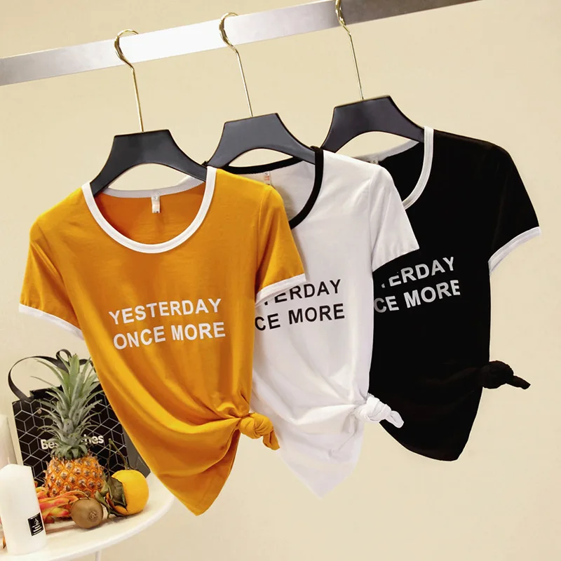 

Printed Letter White Edge O-neck Short-sleeved T-shirt Fashion Casual Tshirt Short Sleeve Women Cotton Shirts Summer