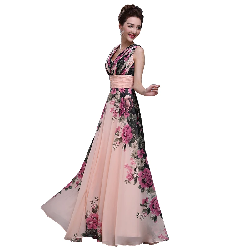 Floral Printed V-Neck Sleeveless Chiffon A-Line Formal Evening Dress Long 2016 Floor-Length Evening Party Prom Dress Pregnant Floral Printed V-Neck Sleeveless Chiffon A-Line Formal Evening Dress Long 2016 Floor-Length Evening Party Prom Dress Pregnant
