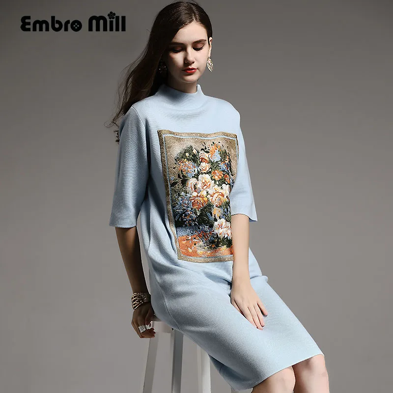 

Autumn winter base dress Chinese style vintage Oil painting embroidery flower dress elegant lady loose knitted dress M-XXL
