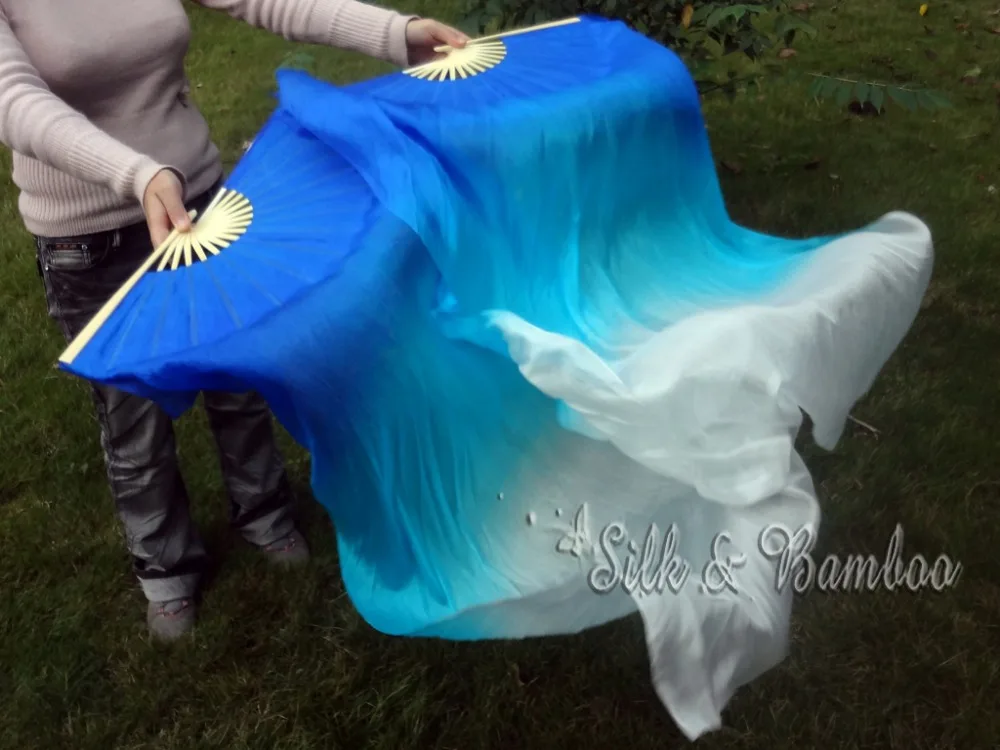 

1 pair 1.1m*0.9m(59"*35") blue-turquoise-white hand painted belly dance silk fan veil for children play, real flowy silk