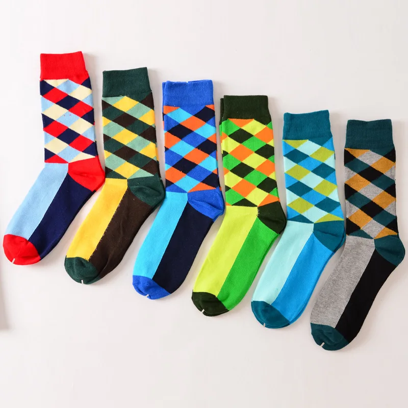 Новые яркие Для мужчин хлопок Happy Socks Argyle британский стиль платье в деловом стиле экипажа длинные носки алмаз Harajuku ретро Брендовая