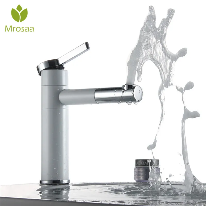 

Mrosaa Kitchen Taps Bathroom Basin Faucet Water Sinks Mixer Tap with Rotating Spout Single Hole White Painting Chrome Faucet