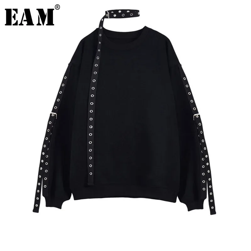 

[EAM]2019 Autumn Winter Woman Stylish New Black Color Long Sleeve O-neck Spliced Loose Pullovers Sweatshirt All Match LE708