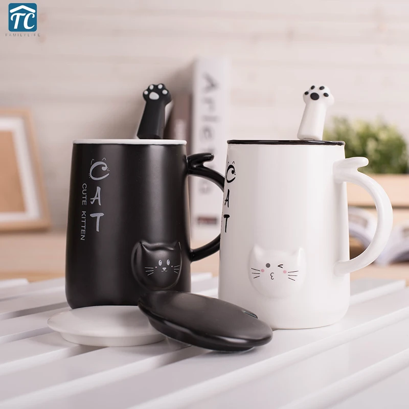 Online Lindo gato 400ml taza para café de cerámica con tapa leche tazas para desayuno taza para el hogar y la Oficina tazas de té de café