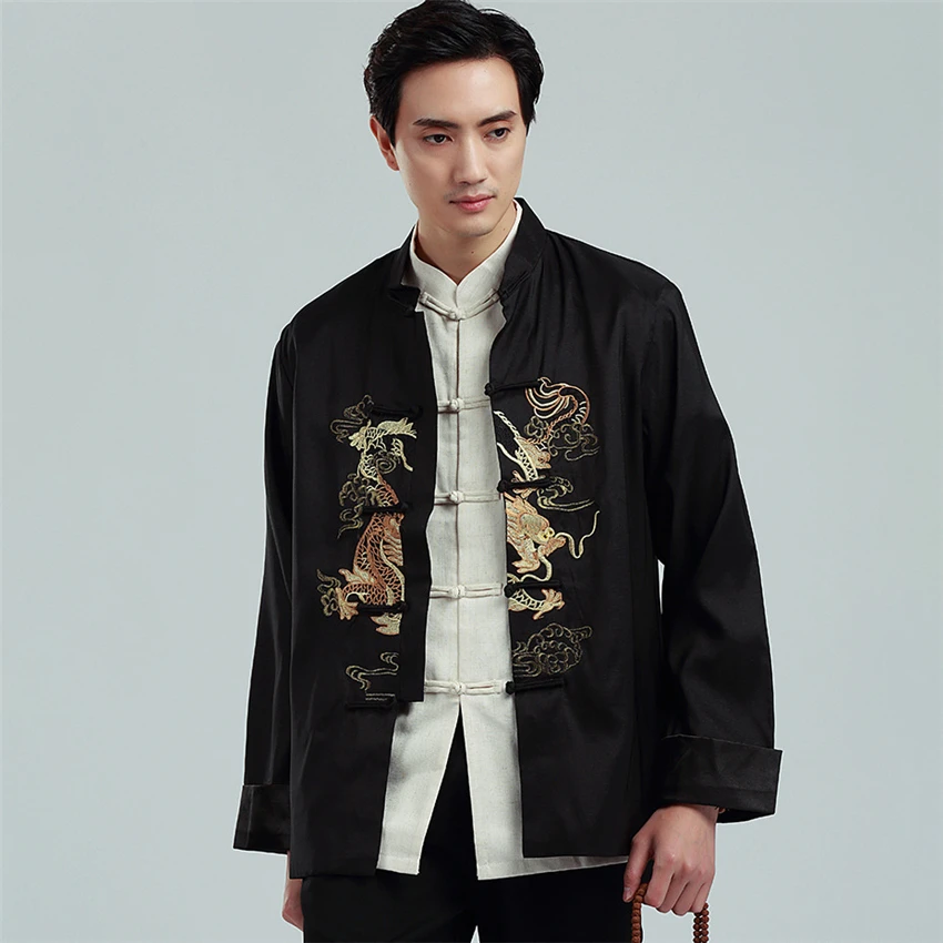 Традиционная китайская одежда для мужчин Новогодняя одежда вышивка дракон длинный рукав китайская рубашка стиль винтаж Hanfu кунг-фу