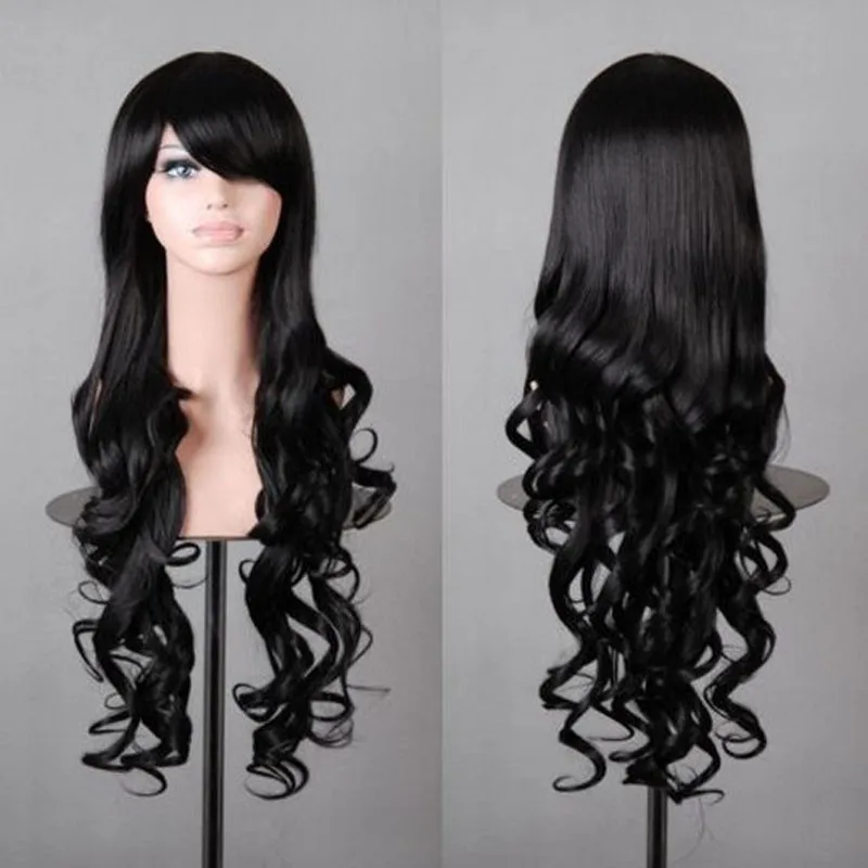 Popular 80cm Long Black Wavy Synthetic Natural Women's Lolita Costume Wig